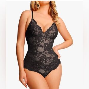 NWT Popilush Women’s Medium Black Lace One Piece Bodysuit Shapewear
